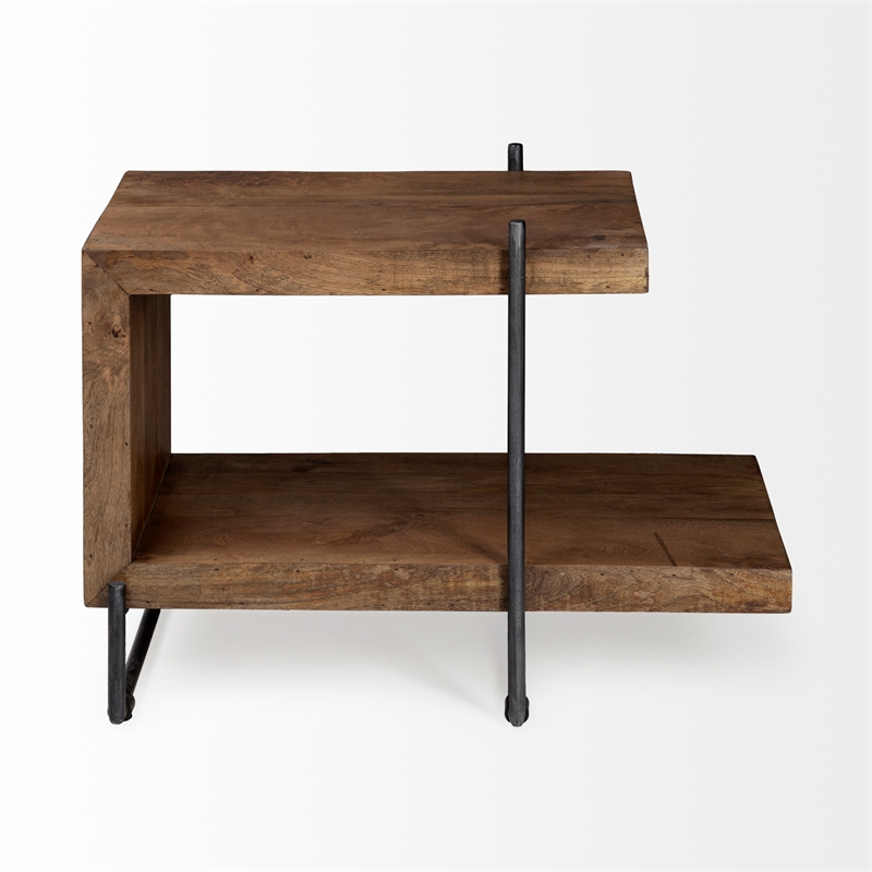 Mercana Maddox I 30L x 17.5W x 22H U-Shaped Brown Wood Black Iron End/Side Table