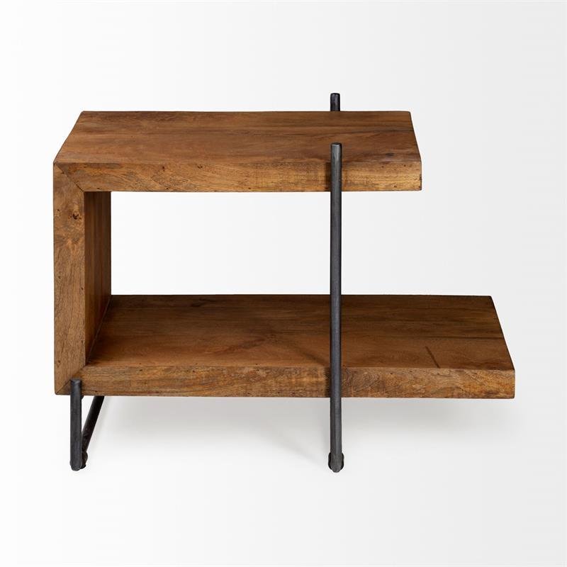 Mercana Maddox I 30L x 17.5W x 22H U-Shaped Brown Wood Black Iron End/Side Table