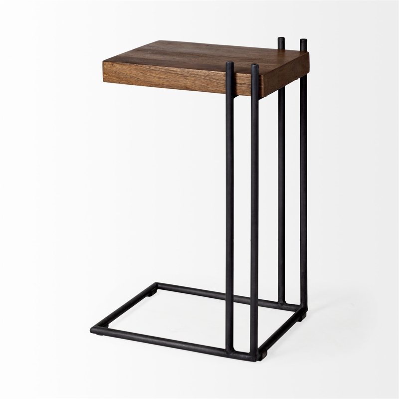 Mercana Maddox II 16Lx13.5Wx27H L-Shaped Brown Wood Black Iron End/Side Table