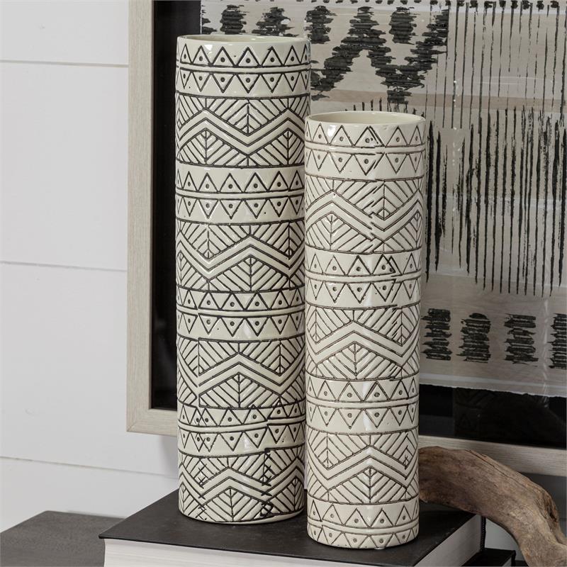 Mercana Uhura I Small Cream/Black Patterned Cylindrical Ceramic Vase