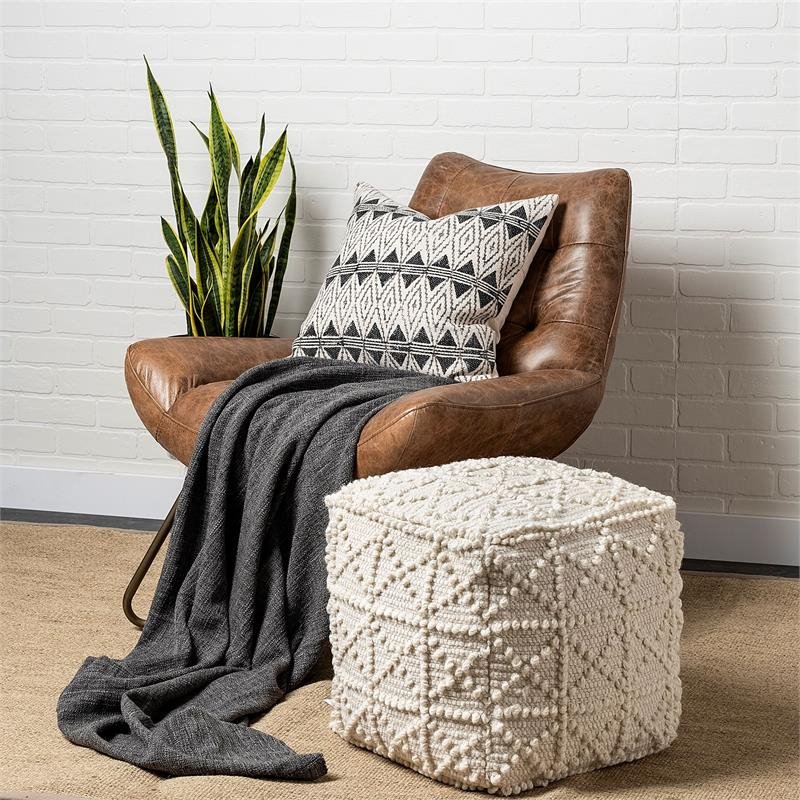 Mercana Leroy Ivory Wool Popcorn Detail Square Pouf