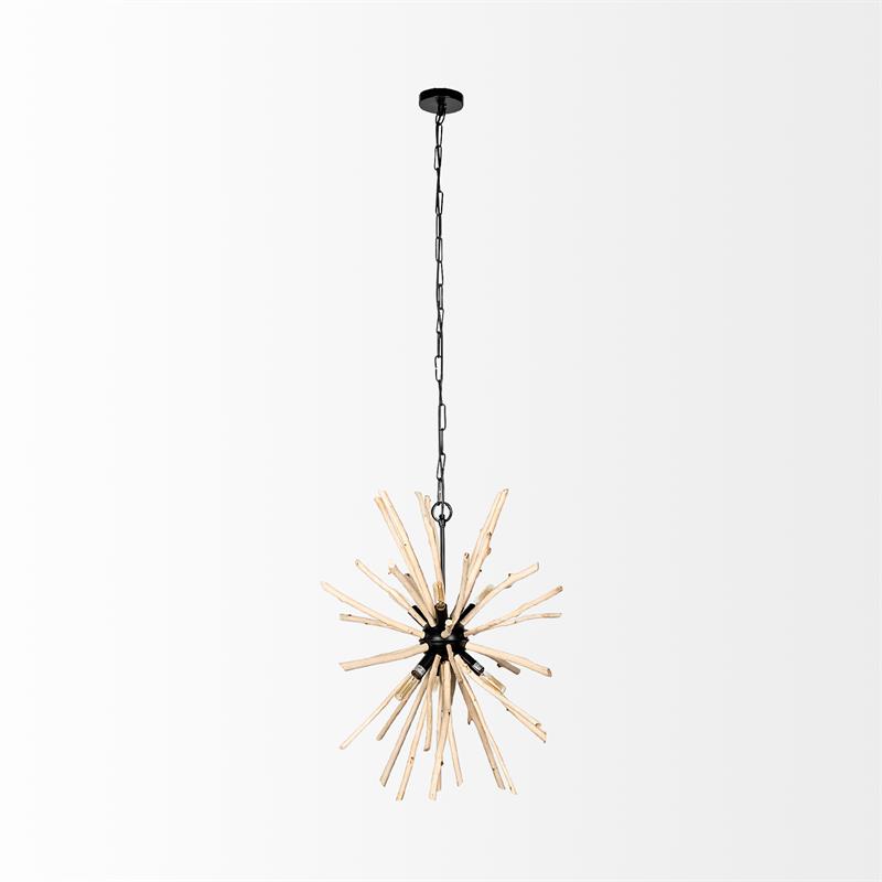 Mercana Jules 25x25 Blonde Brown Wood and Black Metal Six Bulb Pendant Light
