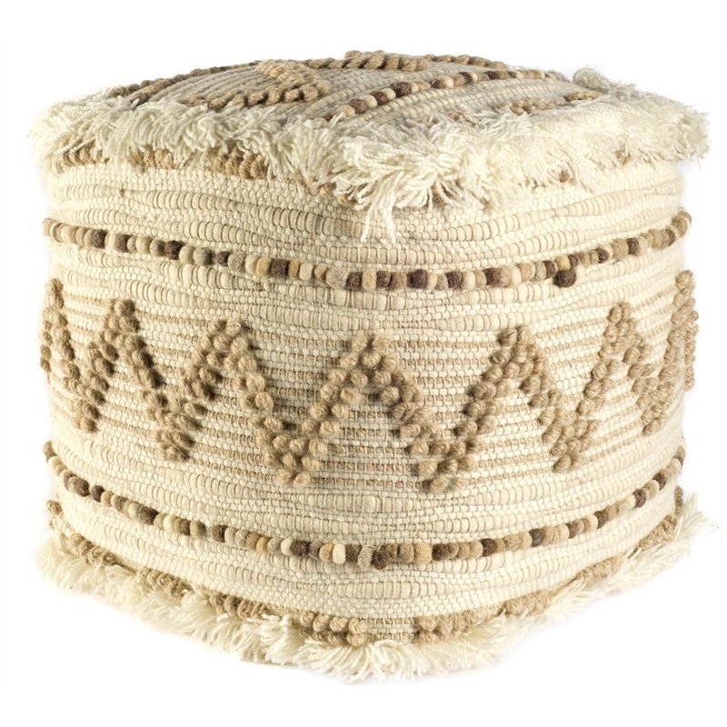 Mercana Caela Beige/Brown Wool Cotton and Felt Popcorn Stitch Square Pouf