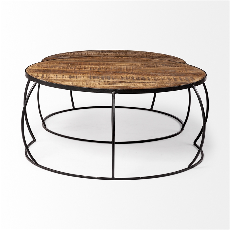 Clapp I Set of 2 Round Brown Wood Top Black Iron Base Nesting Coffee Tables