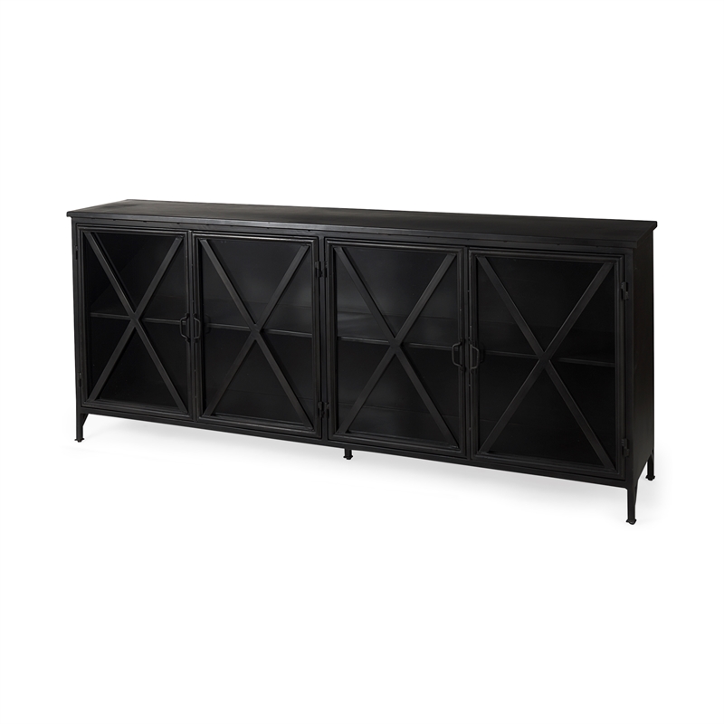 Mercana Poppy I 79x16 Black Polished Metal With Glass Four Door Sideboard