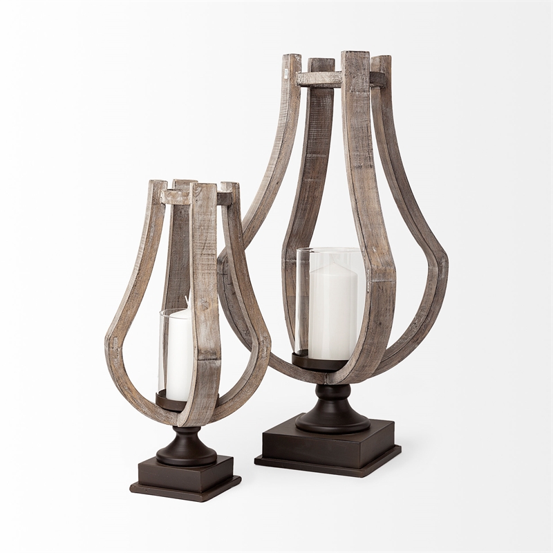 Mercana Brillion Large Brown Rustic Wood/Metal Table Candle Holder
