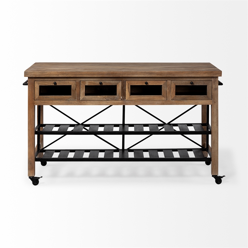 Mercana Stuart I Solid Wood Two-Tier Metal Rolling Kitchen Island in Brown