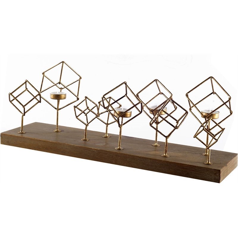 Mercana Salvador II Wood Base Brass Cube Tea Light Table Candle Holder