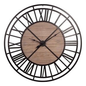 Mercana Lewiston 59&quot Round Oversized+ Black Metal and Wood Industrial Wall Clock