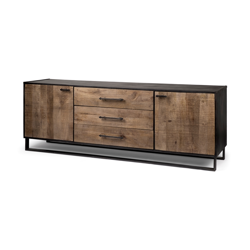 Alvin 82x20 Brown Solid Wood Black Metal Frame 3 Drawer 2 Cabinet Door Sideboard