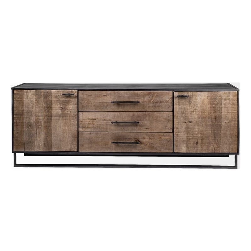 Alvin 82x20 Brown Solid Wood Black Metal Frame 3 Drawer 2 Cabinet Door Sideboard