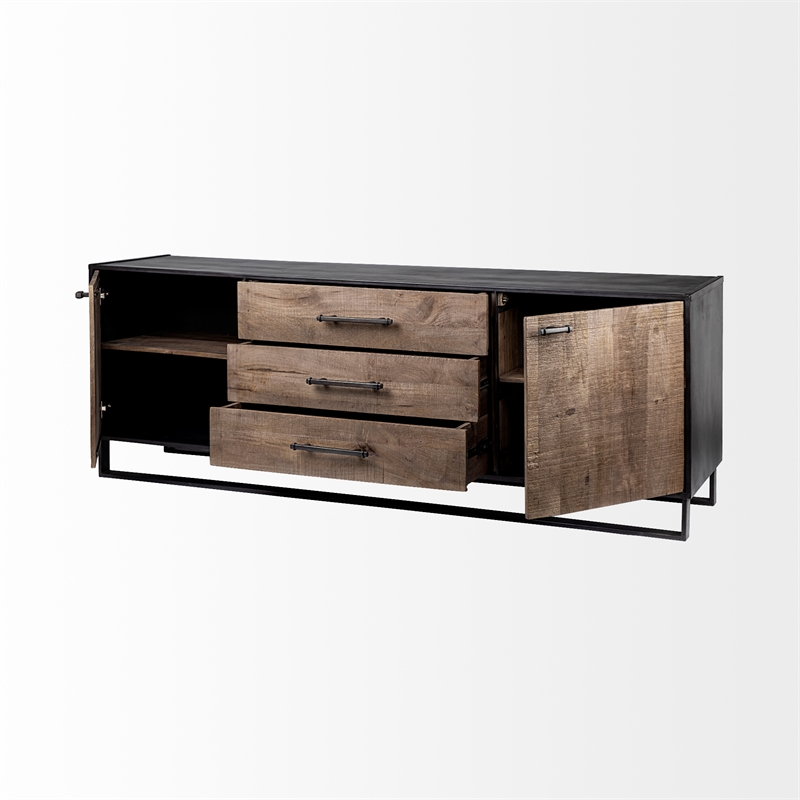 Alvin 82x20 Brown Solid Wood Black Metal Frame 3 Drawer 2 Cabinet Door Sideboard