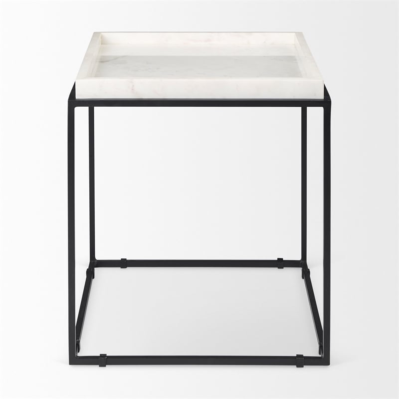 Mercana Nathan II Square Top White Marble and Black Metal End/Side Table