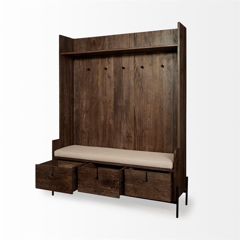 Mercana Glenn V Wood Seated Hall Tree with Storage in Brown