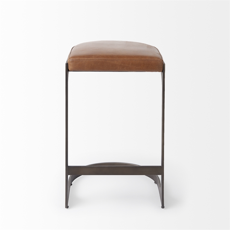 Tyson 17L x 18W x 28H Medium Brown Leather W/Gun Metal Gray Base Stool