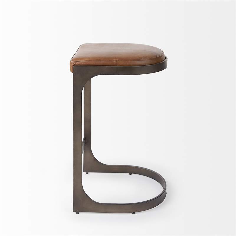 Tyson 17L x 18W x 28H Medium Brown Leather W/Gun Metal Gray Base Stool