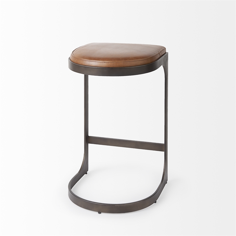 Tyson 17L x 18W x 28H Medium Brown Leather W/Gun Metal Gray Base Stool