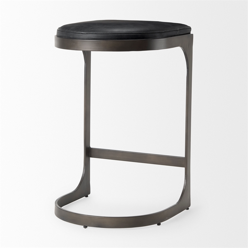 Tyson 17L x 18W x 28H Black Leather W/Gun Metal Gray Metal Base Stool