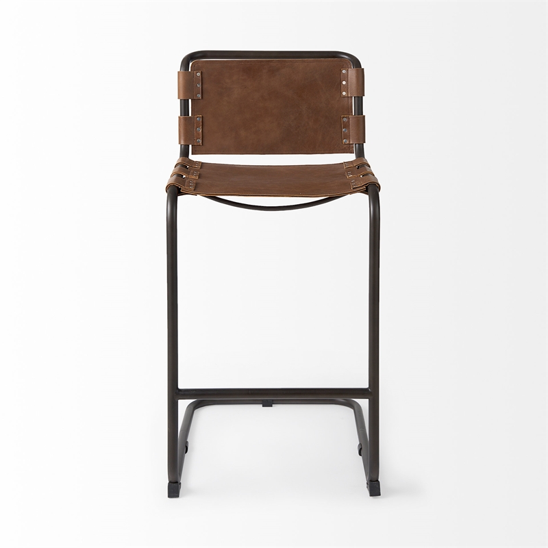 Berbick 21L x 25W x 42H Medium Brown Leather W/Gun Metal Gray Stool