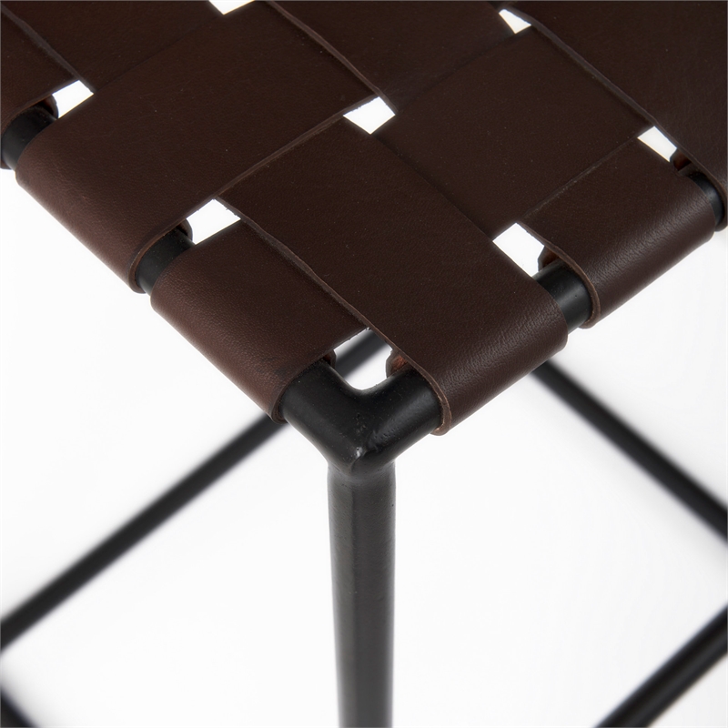 Clarissa 18.0L x 16.0W x 30.0H Dark Brown Woven Leather W/Black Iron Frame Stool