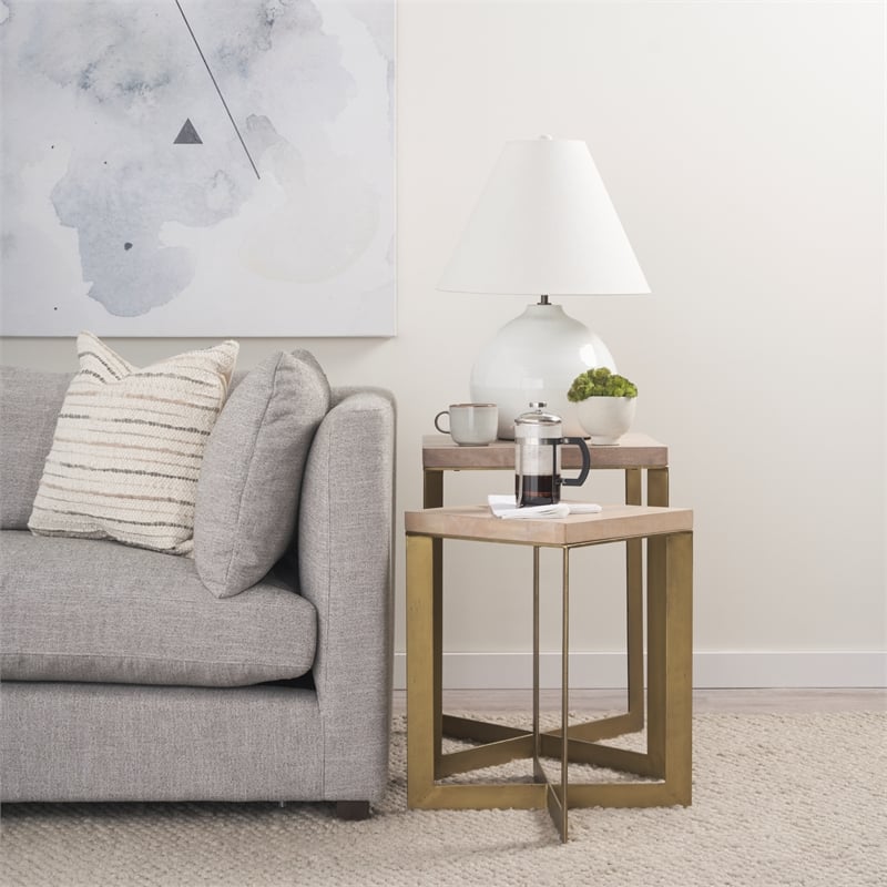 Faye 19L x 19W x 26H Light Brown Wood W/ Gold Metal Base Accent Tables