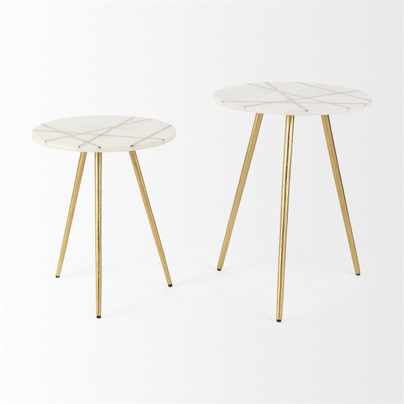 Vivienne  White Marble Antique Gold Metal Round Large Side Table