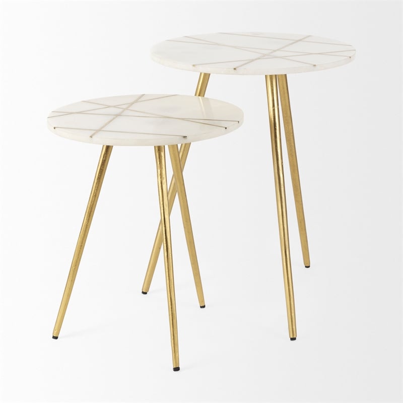 Vivienne White Marble Antique Gold Metal Round Top Small Side Table