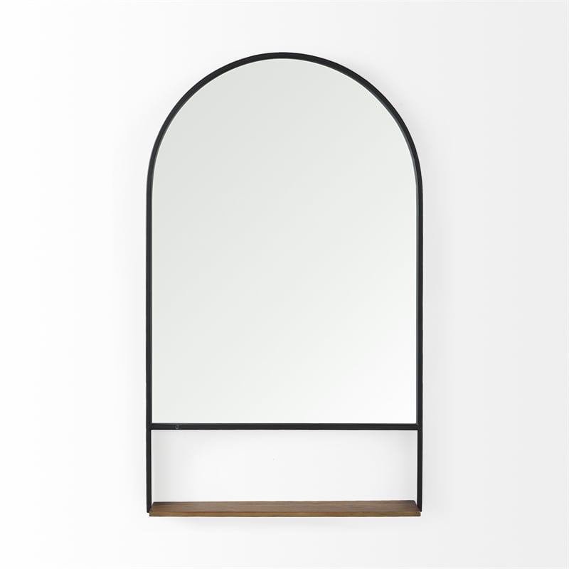 Mercana Cora Black Metal Frame W/ Brown Wooden Shelf Arched Wall Mirror