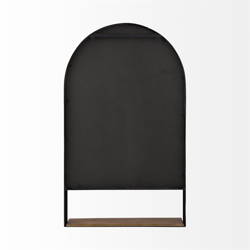 Mercana Cora Black Metal Frame W/ Brown Wooden Shelf Arched Wall Mirror