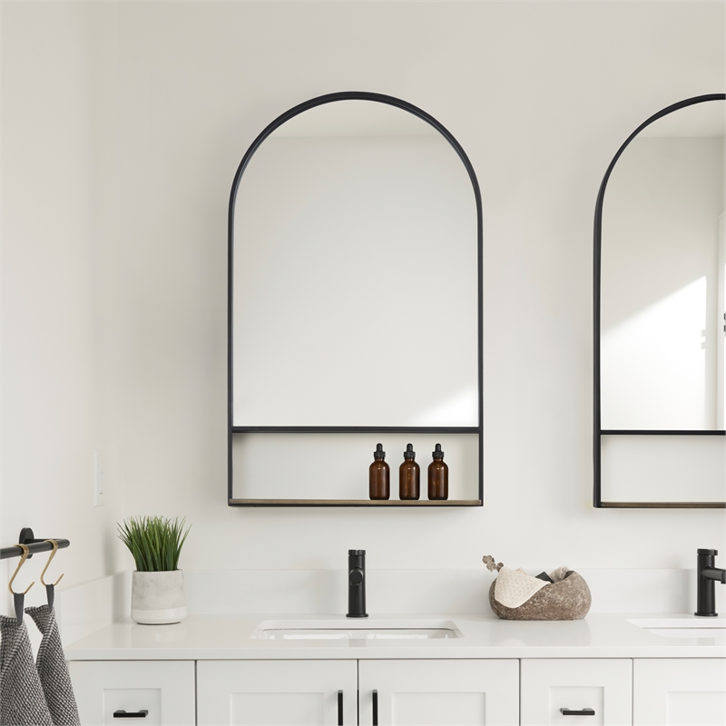 Mercana Cora Black Metal Frame W/ Brown Wooden Shelf Arched Wall Mirror