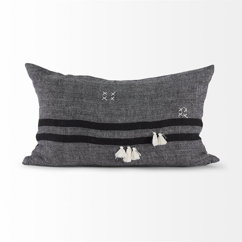 Mercana Sibyl Black Fabric Striped And White Fringed Decorative Pillow Cover