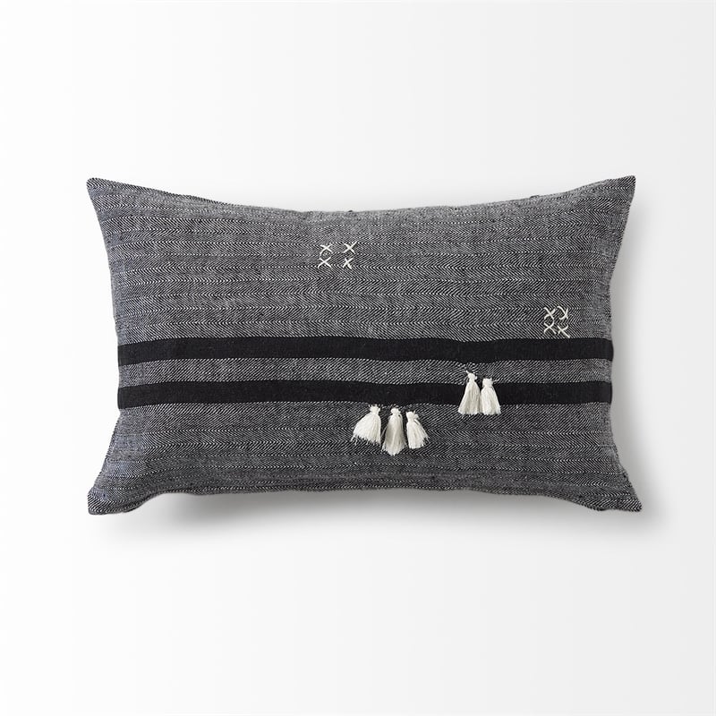 Mercana Sibyl Black Fabric Striped And White Fringed Decorative Pillow Cover