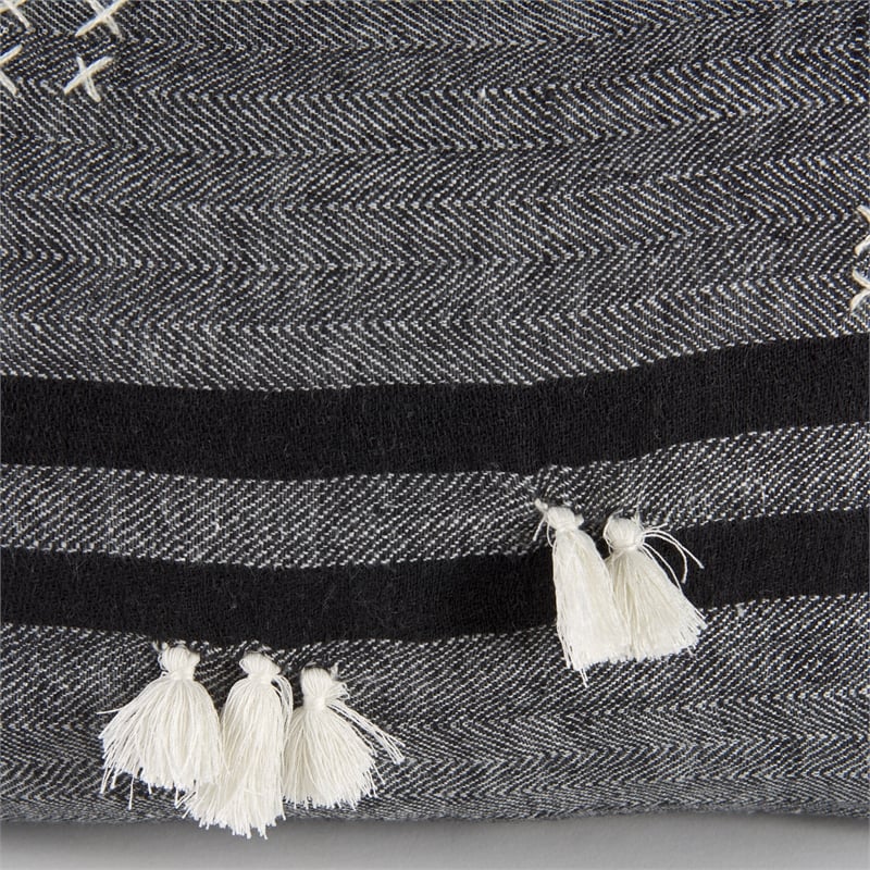 Mercana Sibyl Black Fabric Striped And White Fringed Decorative Pillow Cover