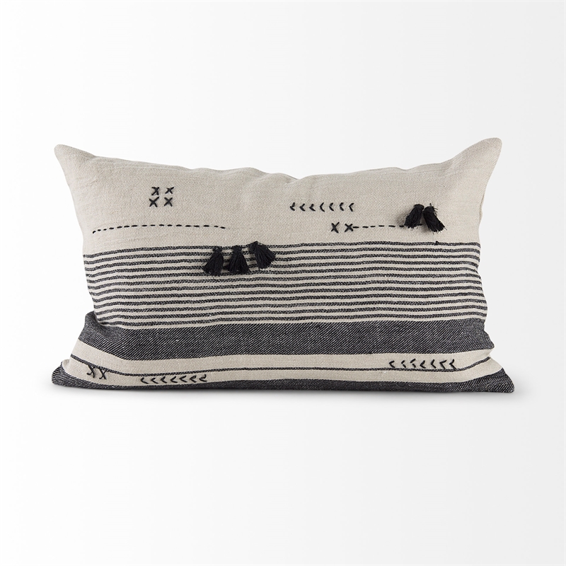 Mercana Thalia Fabric Striped And Fringed Decorative Pillow Cover Black/Beige