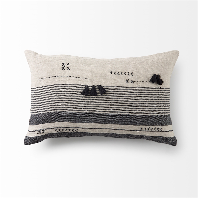 Mercana Thalia Fabric Striped And Fringed Decorative Pillow Cover Black/Beige