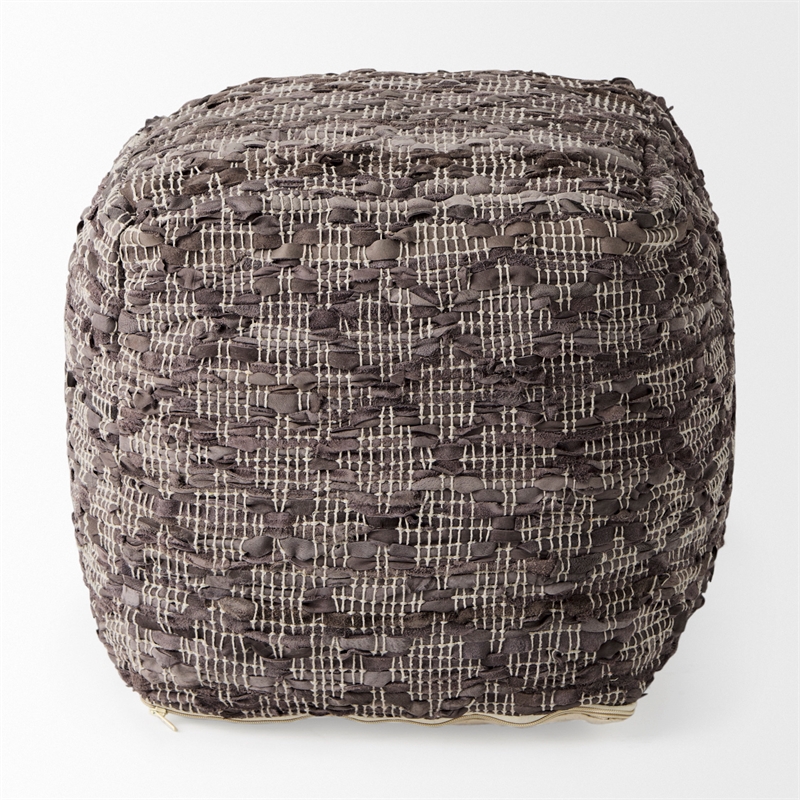 Mercana Falguni 16.0L X 16.0W X 16.0H Gray Leather And Cotton Patterned Pouf