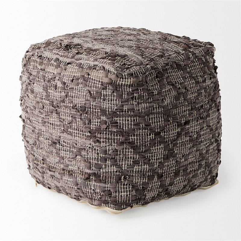 Mercana Falguni 16.0L X 16.0W X 16.0H Gray Leather And Cotton Patterned Pouf