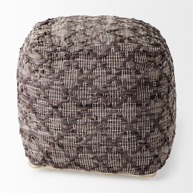 Mercana Falguni 16.0L X 16.0W X 16.0H Gray Leather And Cotton Patterned Pouf