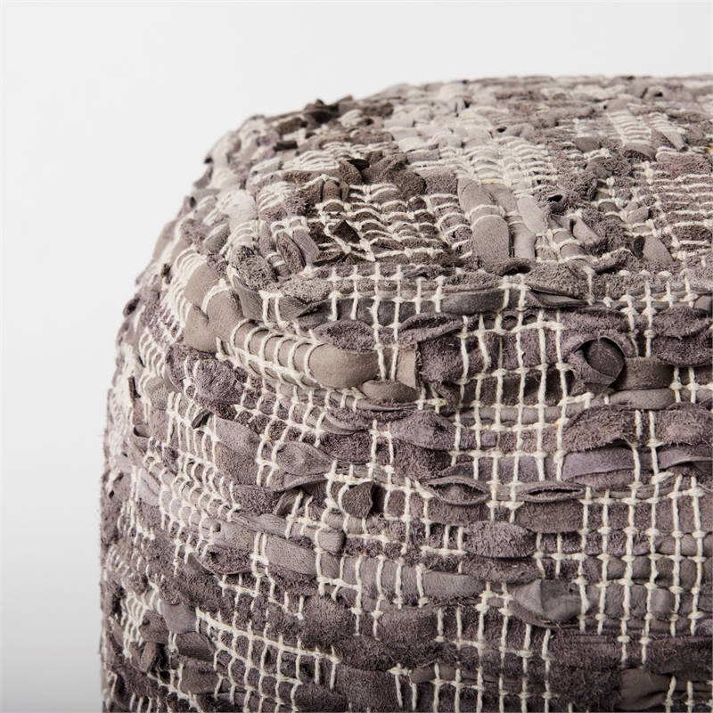 Mercana Falguni 16.0L X 16.0W X 16.0H Gray Leather And Cotton Patterned Pouf
