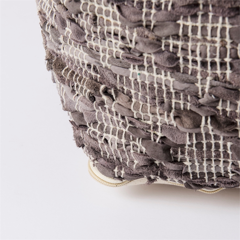 Mercana Falguni 16.0L X 16.0W X 16.0H Gray Leather And Cotton Patterned Pouf