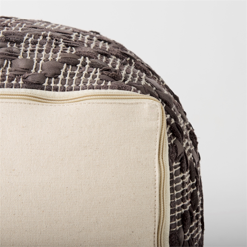 Mercana Falguni 16.0L X 16.0W X 16.0H Gray Leather And Cotton Patterned Pouf