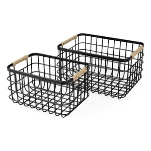 Mercana Marius Matte Black Metal W/ Rope Trim Rectangular Baskets in Set Of 2