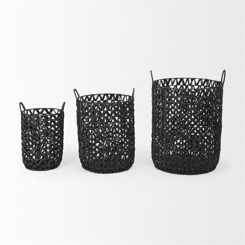 Mercana Lola Black Water Hyacinth Zig Zag Weave Round Basket (Set Of 3)