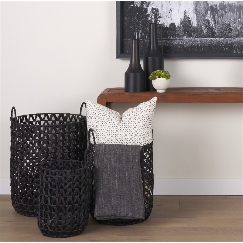 Mercana Lola Black Water Hyacinth Zig Zag Weave Round Basket (Set Of 3)