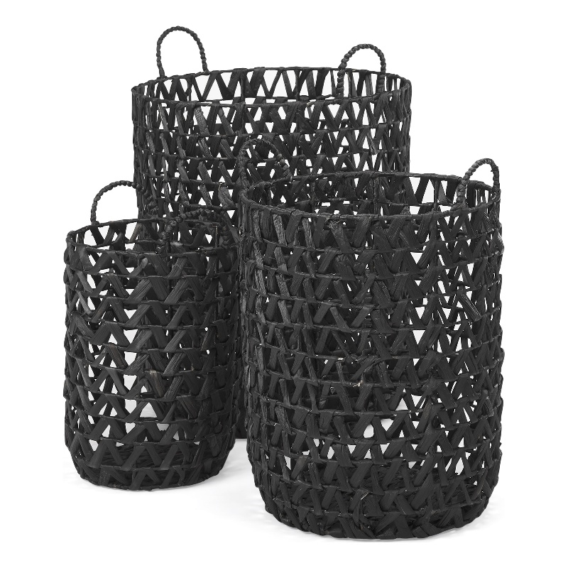 Mercana Lola Black Water Hyacinth Zig Zag Weave Round Basket (Set Of 3)