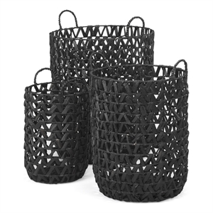 Mercana Lola Black Water Hyacinth Zig Zag Weave Round Basket (Set Of 3)