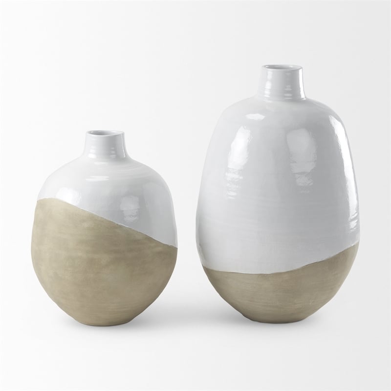Mercana Amos White And Dark Beige Color Blocked Ceramic Floor Vase