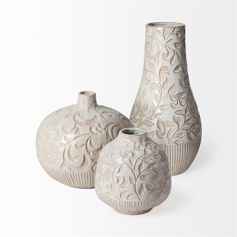 Mercana Jadiza Ii Medium White Glaze Floral Pattern Vase