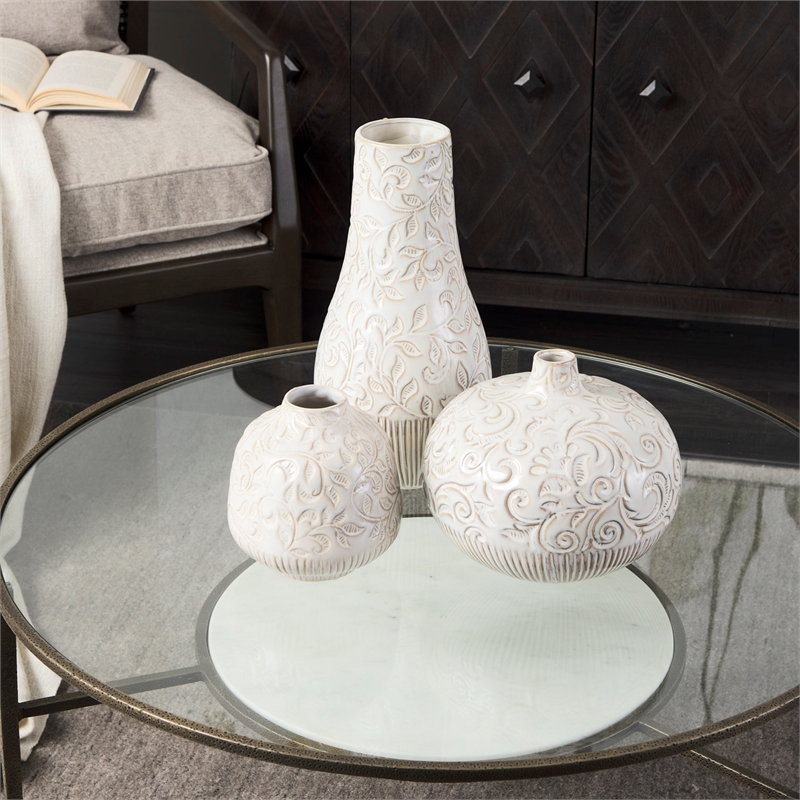 Mercana Jadiza Ii Medium White Glaze Floral Pattern Vase