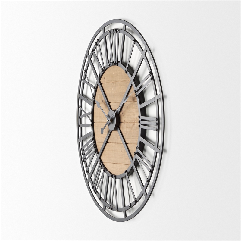 Mercana Lewiston 30.1L X 2.0W X 30.1H Black Iron W/Wood Round Wall Clock